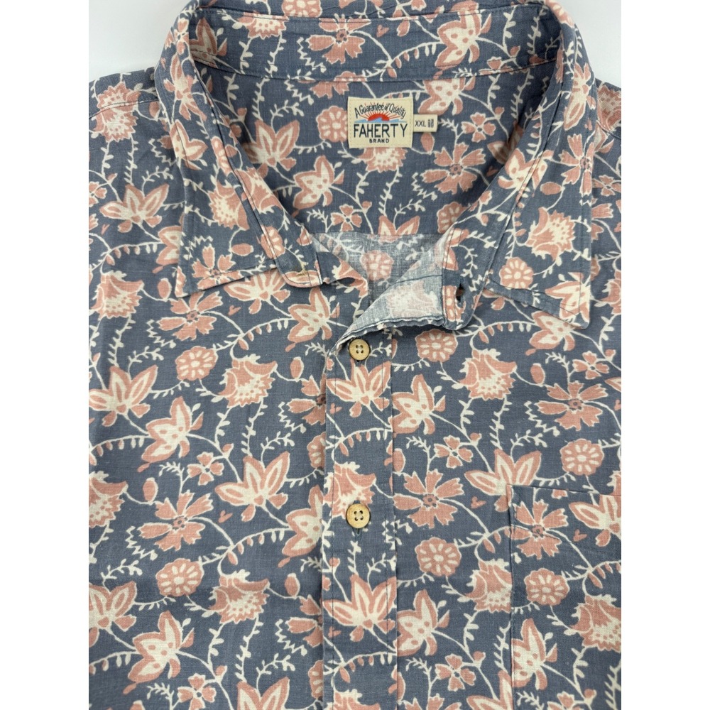 Faherty Brand Mens XXL Hemp Tencel Floral Short Sleeve Button Down Shirt Blue